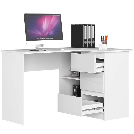 ECKSCHREIBTISCH B16 124 cm RECHTS 3 SCHUBLADEN PK WEISS / WEISS HOCHGLANZ