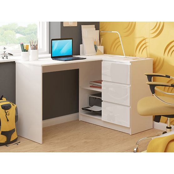 ECKSCHREIBTISCH B16 124 cm RECHTS 3 SCHUBLADEN PK WEISS / WEISS HOCHGLANZ