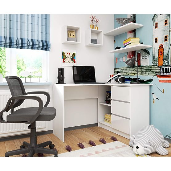 ECKSCHREIBTISCH B16 124 cm RECHTS 3 SCHUBLADEN PK WEISS / WEISS HOCHGLANZ