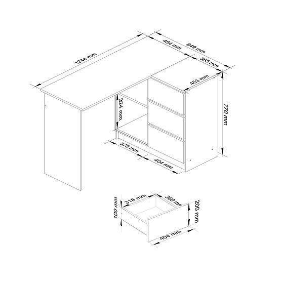 ECKTISCH B16 124 cm RECHTS 3 SCHUBLADEN PK WEISS
