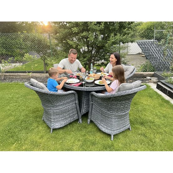 Essgruppe aus Technorattan (runder Tisch + 4 Sessel) MODERNO grau