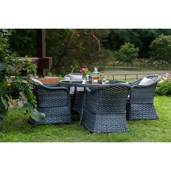 Essgruppe aus Technorattan (runder Tisch + 4 Sessel) MODERNO grau