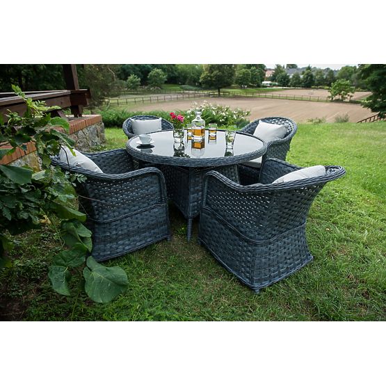 Essgruppe aus Technorattan (runder Tisch + 4 Sessel) MODERNO grau