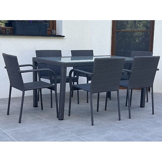 Essgruppe aus Technorattan (Tisch 150×90 cm + 6 × Stühle) AVVICENTE, schwarz