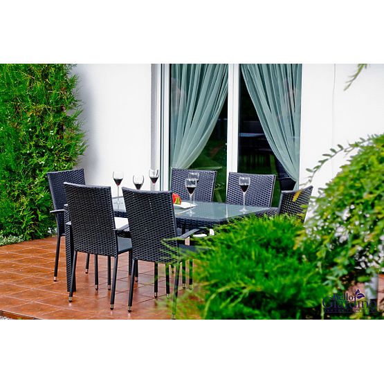Essgruppe aus Technorattan (Tisch 150×90 cm + 6 × Stühle) AVVICENTE, schwarz