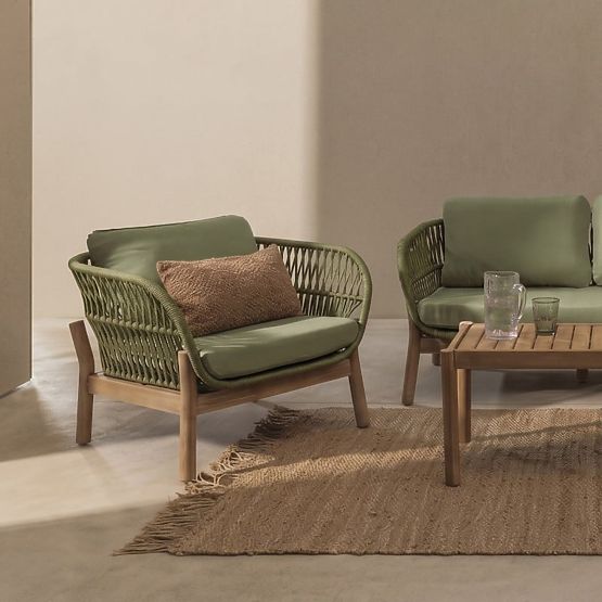 Fiorentino Gartenmöbelset im Teak-Look, geflochten, helles Akazienholz FSC, grün, abgerundet