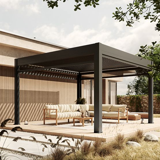 Freistehende Gartenpergola Lumera aus Aluminium, 4x4 m, bioklimatisch, LED-Beleuchtung, elektrisch