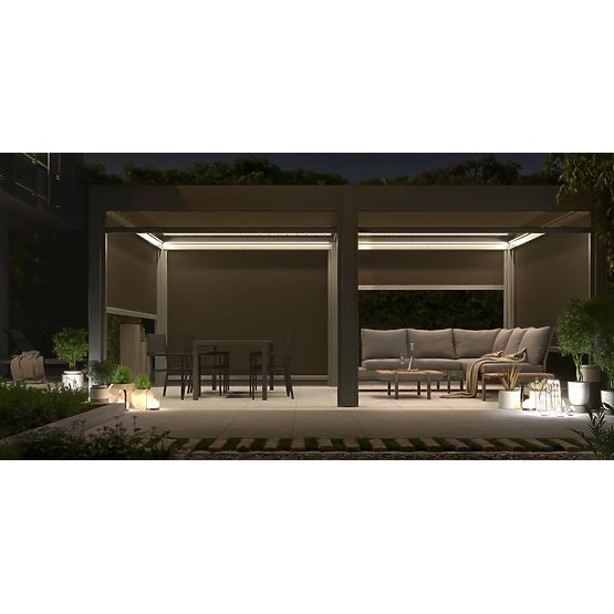 Freistehende Gartenpergola Lumera aus Aluminium, 4x6 m, bioklimatisch, LED-Beleuchtung, elektrisch