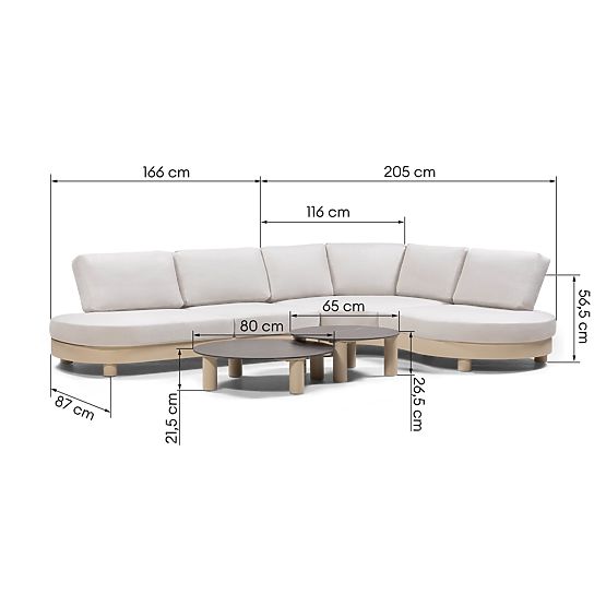 Garten Ecksofa mit 2 Tischen Santa Ana, Aluminium, Beige, Marmor Dekoration, runde Formen