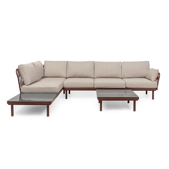 Garten-Ecksofa mit Tisch Amarello, Aluminium, Geflecht, hellbeige/bordeauxbraun
