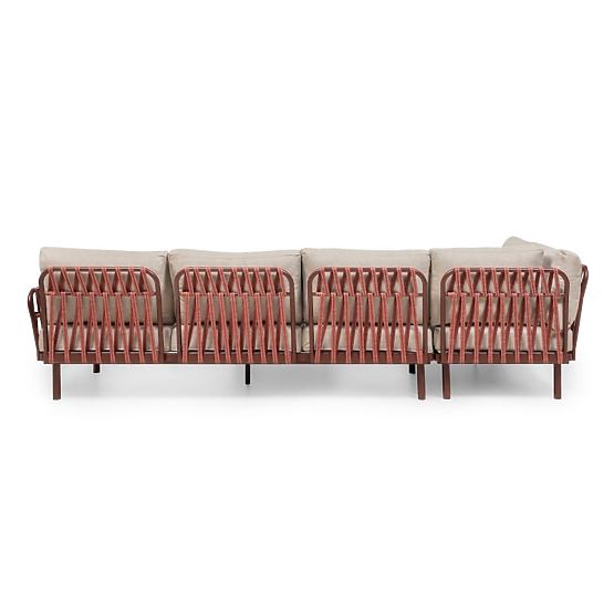 Garten-Ecksofa mit Tisch Amarello, Aluminium, Geflecht, hellbeige/bordeauxbraun
