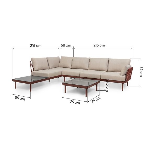 Garten-Ecksofa mit Tisch Amarello, Aluminium, Geflecht, hellbeige/bordeauxbraun