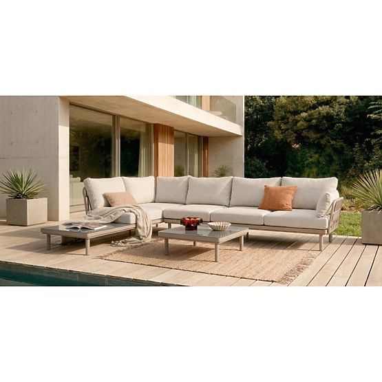 Garten Ecksofa mit Tisch Amarello, Aluminium, geflochten, hellbeige/beigegrau