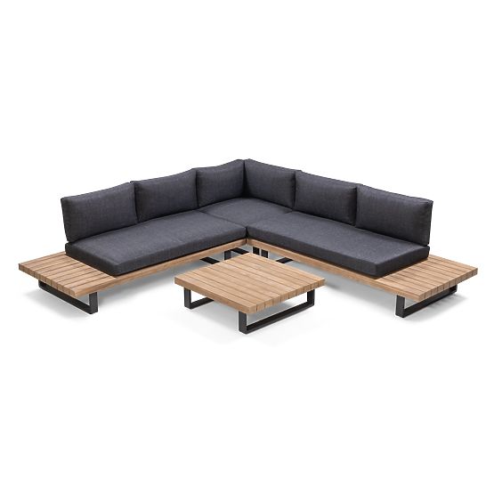 Garten-Ecksofa mit Tisch Borgo, Akazienholz FSC, Teak-Optik, grau