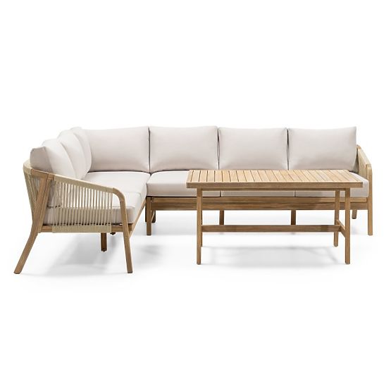 Garten-Ecksofa-Set mit Tisch Castello, Geflecht, Akazienholz FSC, Teakoptik, Beige