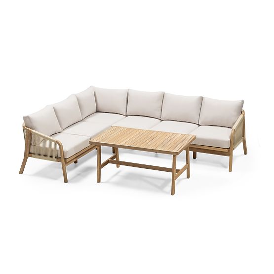 Garten-Ecksofa-Set mit Tisch Castello, Geflecht, Akazienholz FSC, Teakoptik, Beige