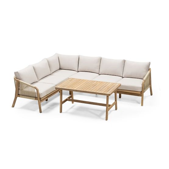 Garten-Ecksofa-Set mit Tisch Castello, Geflecht, Akazienholz FSC, Teakoptik, Beige