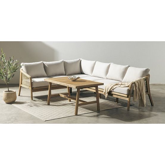Garten-Ecksofa-Set mit Tisch Castello, Geflecht, Akazienholz FSC, Teakoptik, Beige