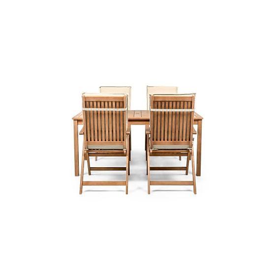 Garten-Set Familis Tisch 160 cm + 4 Stühle mit verstellbaren Rückenlehnen und cremefarbenen Kissen, 