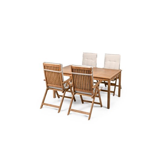 Garten-Set Familis Tisch 160 cm + 4 Stühle mit verstellbaren Rückenlehnen und hellgrauen Kissen