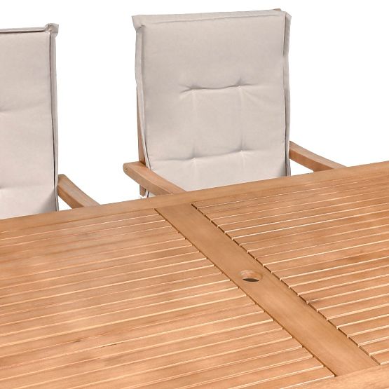 Garten-Set Familis Tisch 160 cm + 6 Stühle mit verstellbaren Rückenlehnen und hellgrauen Kissen
