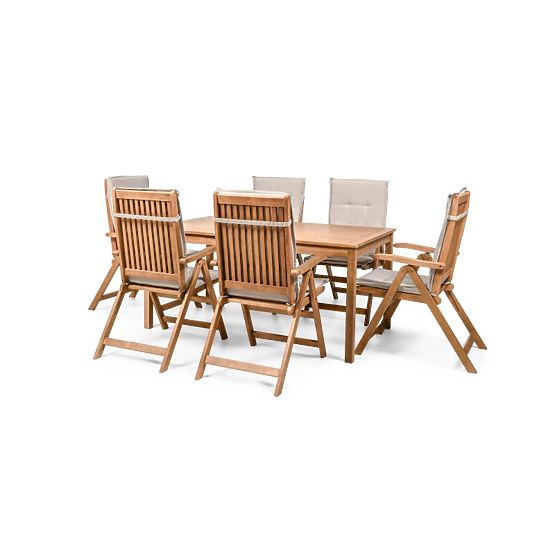 Garten-Set Familis Tisch 160 cm + 6 Stühle mit verstellbaren Rückenlehnen und hellgrauen Kissen