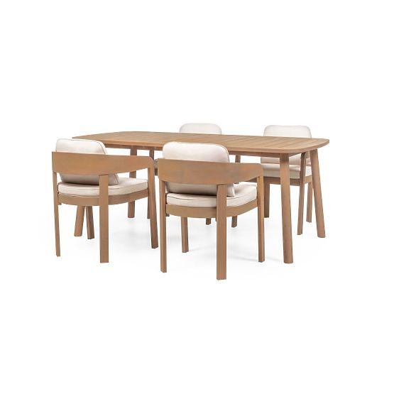 Garten-Set Satori, Tisch 183 cm + 4 Stühle, Akazienholz FSC, Teak-Optik, beige, abgerundet