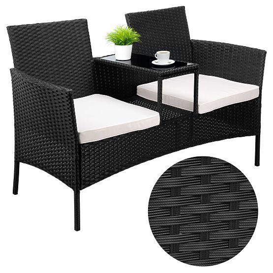 Gartenbank aus Technorattan Sofa CORDOBA schwarz mit beigen Kissen