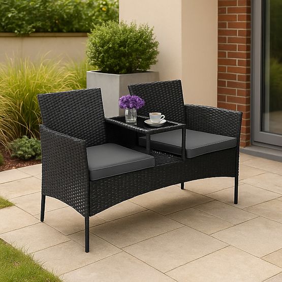 Gartenbank aus Technorattan Sofa CORDOBA schwarz mit grauen Kissen
