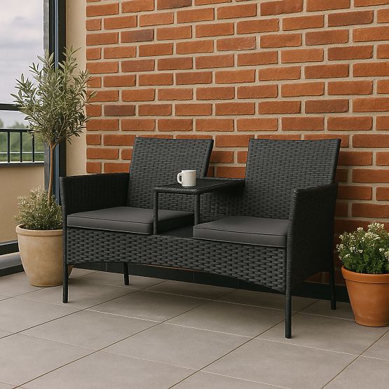 Gartenbank aus Technorattan Sofa CORDOBA schwarz mit grauen Kissen