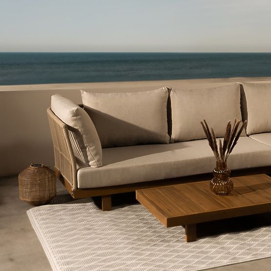 Gartenecksofa mit Tisch Borgetto, Geflecht, Akazienholz FSC, Teakoptik, hell