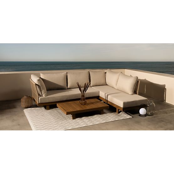 Gartenecksofa mit Tisch Borgetto, Geflecht, Akazienholz FSC, Teakoptik, hell
