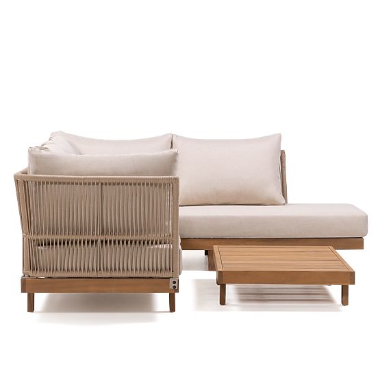 Gartenecksofa mit Tisch Borgetto, Geflecht, Akazienholz FSC, Teakoptik, hell