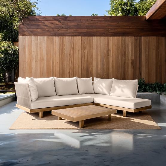 Gartenecksofa mit Tisch Borgetto, Geflecht, Akazienholz FSC, Teakoptik, hell