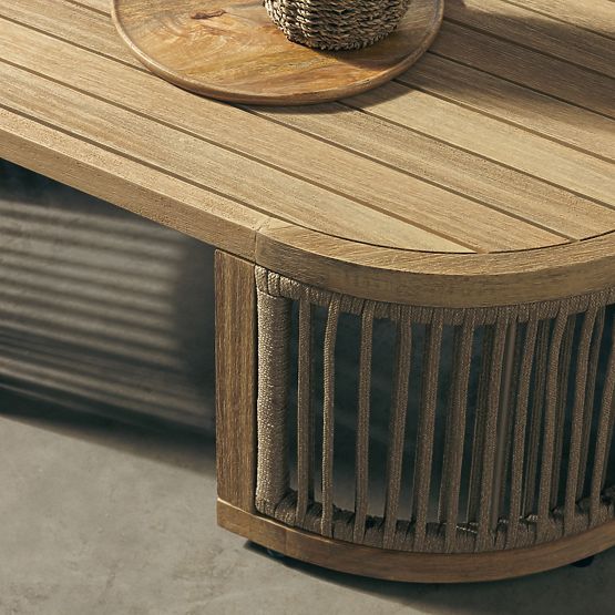 Gartenecksofa-Set mit Tisch Vetralla, Geflecht, Akazienholz FSC, Teak-Optik, hellbeige