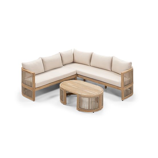 Gartenecksofa-Set mit Tisch Vetralla, Geflecht, Akazienholz FSC, Teak-Optik, hellbeige