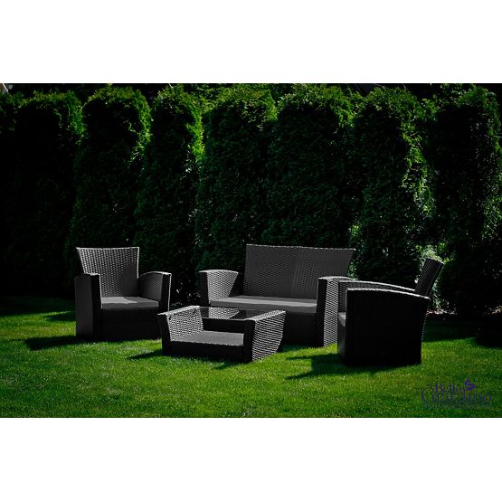 Gartenmöbel aus Technorattan (Sofa 123cm, 2 x Sessel + Tisch) UNICO schwarz