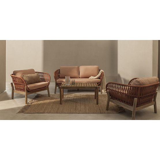Gartenmöbel-Set Fiorentino Teak-Optik, Geflecht, helles Akazienholz FSC, Terrakotta, abgerundet