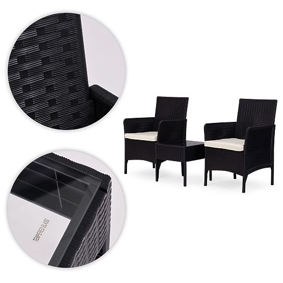 Gartenmöbelset 2 Sessel + Tisch gehärtetes Glas schwarz MultiGarden