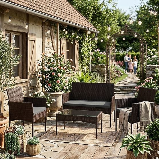 Gartenmöbelset aus Technorattan Bank Tisch Stühle dunkelbraun MultiGarden