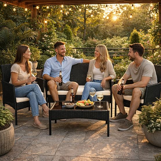 Gartenmöbelset aus Technorattan Bank Tisch Stühle schwarz MultiGarden