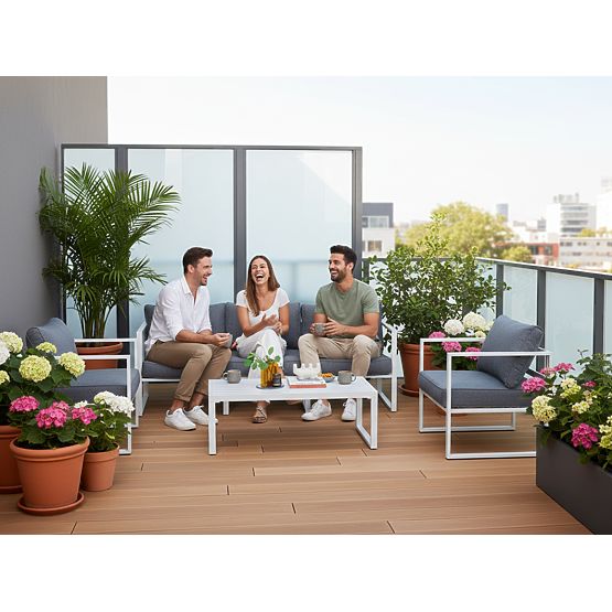 Gartenmöbelset (großes 3-Sitzer-Sofa, 2 x Sessel + Tisch) MOSTRARE weißes Aluminium, graue Kissen