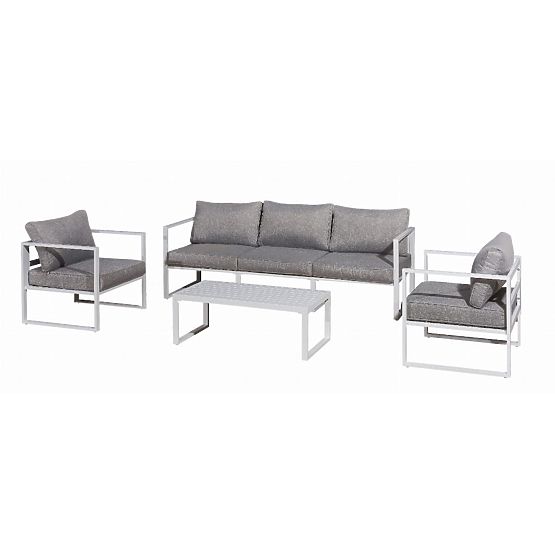 Gartenmöbelset (großes 3-Sitzer-Sofa, 2 x Sessel + Tisch) MOSTRARE weißes Aluminium, graue Kissen