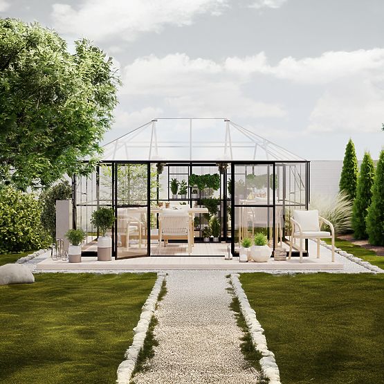Gartenorangerie ProGlass Gazebo Standard mit Fundament 12 m², gehärtetes Glas 4 mm, Aluminium, schwa