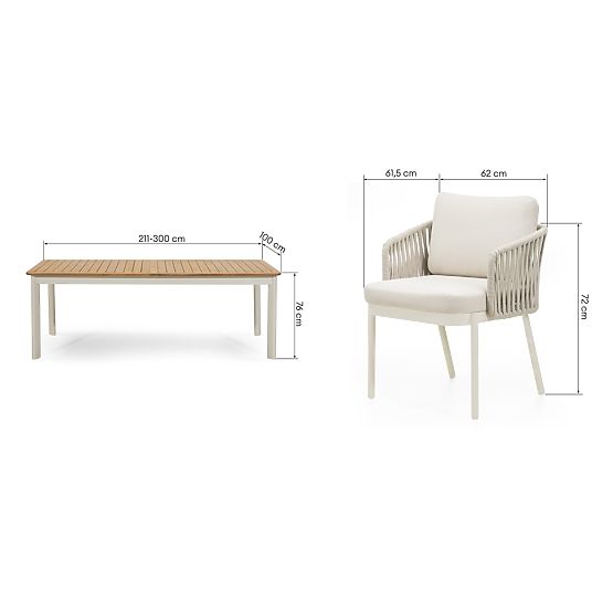 Gartenset Porticato, ausziehbarer Tisch 211-300 cm + 8 Stühle, Akazienholz FSC, Teak-Optik