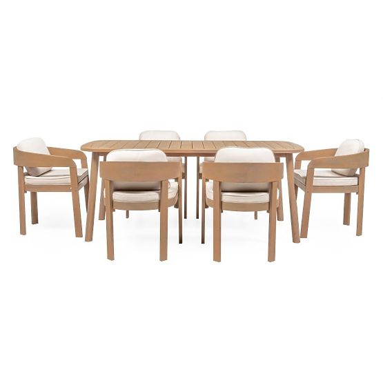 Gartenset Satori, Tisch 183 cm + 6 Stühle, Akazienholz FSC, Teakoptik, beige, abgerundet