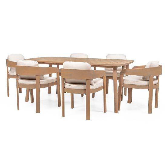 Gartenset Satori, Tisch 183 cm + 6 Stühle, Akazienholz FSC, Teakoptik, beige, abgerundet