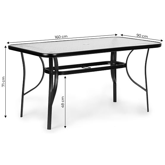 Gartentisch 160x90 cm gehärtetes Glas große Platte für Terrasse Garten Sonnenschirmloch MultiGarden