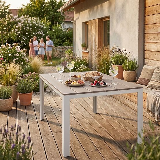 Gartentisch für 6 Personen 156x78 cm Polywood Terrassenmöbel beige weiß MultiGarden