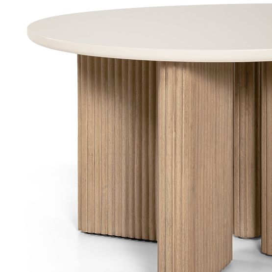 Gartentisch Komorebi 130 cm mit Steinplatte, helles Akazienholz/hellbeige, rund, Lamellen